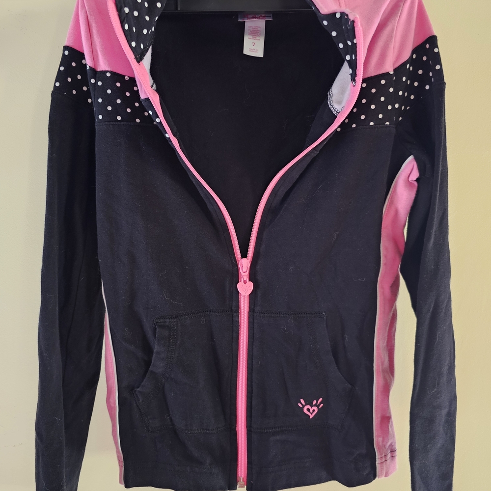 Justice Black & Pink Zip Hoodie with Polka Dot Yoke